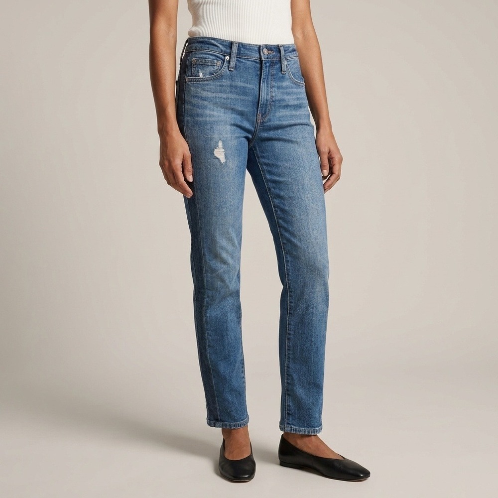 J.Crew Womens Tuxedo Stripe Distressed High Rise Straight Leg Jeans Blue Size 27